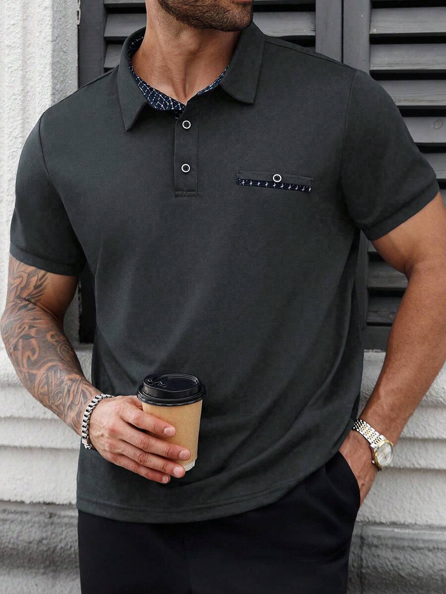 Manfinity CasualCool 加大码男士休闲通勤 Polo 衫,翻领,短袖,夏季 - 深灰色 - 查看 1