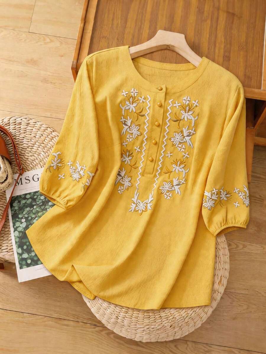Linhara Áo sơ mi nữ cỡ lớn cổ tròn thêu - Màu vàng - Xem 1
