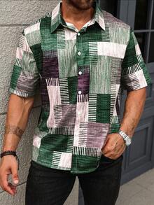 Manfinity Homme Plus Size Men's Summer Casual Patchwork Print Button-Front Short Sleeve Shirt - Multicolor - View 1