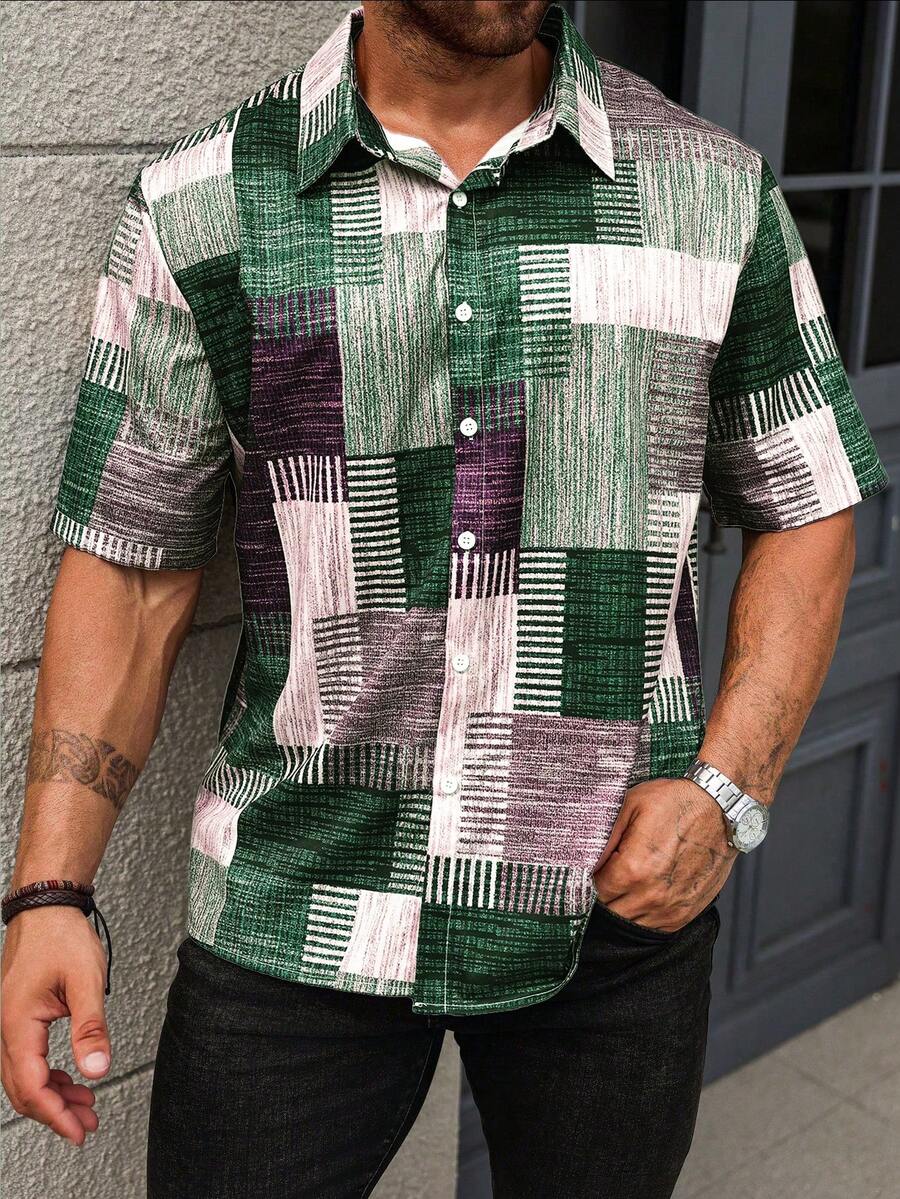 Manfinity Homme Plus Size Men's Summer Casual Patchwork Print Button-Front Short Sleeve Shirt - Multicolor - View 1