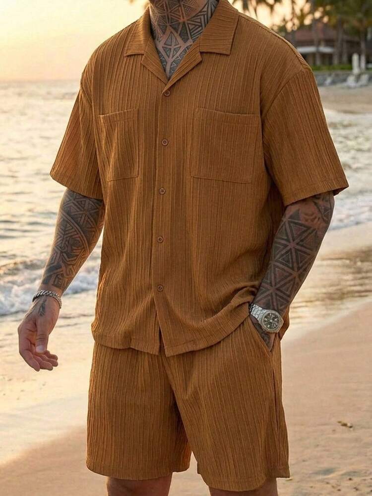 Men's Brown Short Sleeve Shirt And Shorts Set, Summer