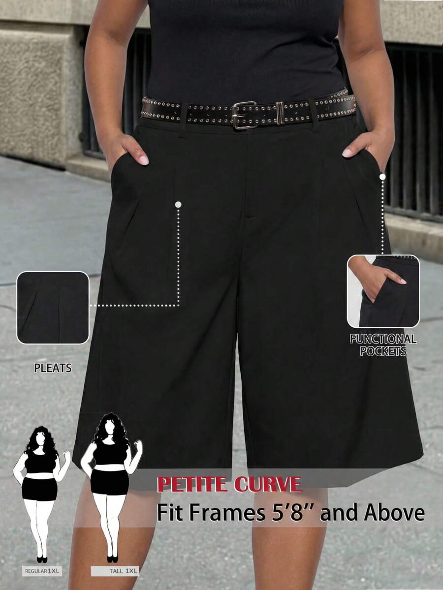 SHEIN Tall CURVE CURVE 新款大尺碼女款高個子女裝黑色口袋寬腿鬆身休閒老錢風優雅休閒基本款七分褲附口袋,高腰設計顯瘦修長腿,適合高個子女性,四季皆宜,適合各種場合,夏季寬腿褲穿搭 - 黑色 - 查看 1