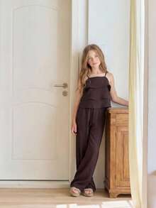 DAZY Tween Girl Casual Ruffle Trim Cropped Cami Top And Wide Leg Pants Set - Brown - View 3