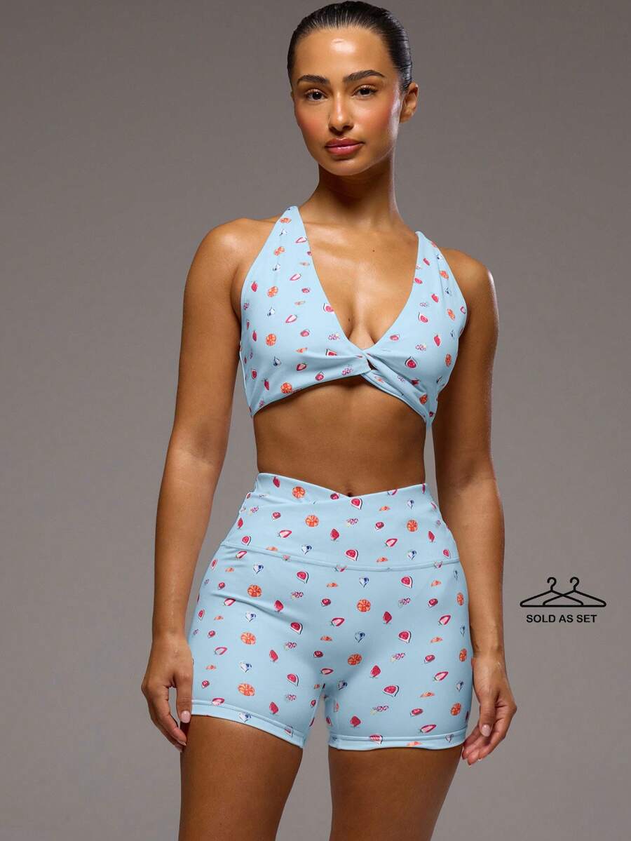 Musera Sport Bộ đồ thể thao gồm áo bra và quần short cạp cao chéo in hình trái cây, thích hợp cho tập luyện thể thao, tập gym, pilates, thể dục, hàng ngày, nữ tính và thường ngày. - Màu xanh nhạt - Xem 1