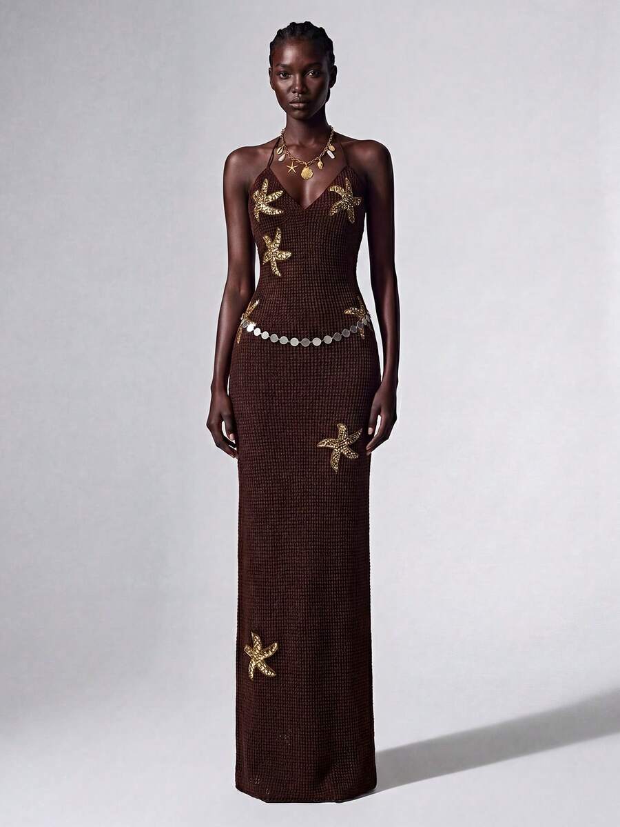 Elitara 优雅浪漫的露肩心形领镂空鱼尾连衣裙，适合节日、婚礼、晚宴、音乐会、商务宴会及其他活动。 - 杏色 - 查看 1