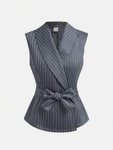 SHEIN Girlism Bộ đồ 2 mảnh dành cho nữ tuổi teen, áo blazer không tay cổ ve màu xám đậm kẻ sọc và quần dài, thích hợp cho các dịp trang trọng mùa hè, thanh lịch, tiệc tùng, hẹn hò, họp mặt gia đình quan trọng. - Màu xám đen - Xem 5