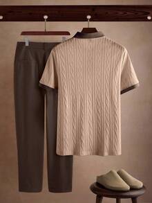Manfinity CasualCool 男士夏季休闲通勤纹理饰边短袖 Polo 衫和短裤套装 - 棕色 - 查看 2