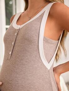 Moonlight&Mama Contrast Color Strap Design Maternity Loungewear Dress - Khaki - View 8