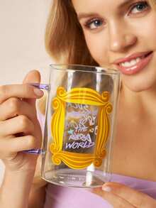FRIENDS X SHEIN 1 Buah Mug Kaca Borosilikat Bergambar Kartun Lucu 27,1oz/800ml, Tahan Dingin dan Panas, Cocok untuk Susu, Jus, Kopi, dll., Bingkai Foto, Persahabatan, Selamat Datang di Dunia Nyata - Clear - View 2
