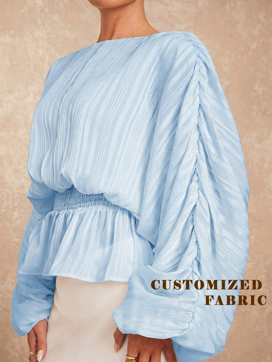 Lumalex Light Blue Elegant Summer Tea Party Blouse For Women,Boat Neck Puff Sleeve Gathered Waist Elastic Vacation Birthday Wedding Guest Party Outfits,Prom - Baby Blue - View 1