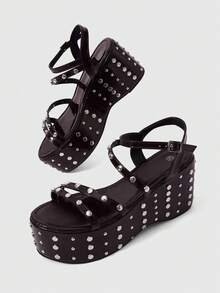 ROMWE Grunge Punk Giày sandal đế cao, gót đính kim tuyến, khóa cài nhọn dành cho nữ. - Màu Đỏ Sâu - Xem 6