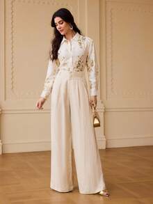 ZEYLAH Women's Fashion Sequins Embroidered Linen Long Sleeve Shirt - Apricot - View 5