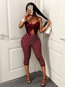 BamGleam 女款圓點印花優雅時尚緊身七分內搭褲 - 酒紅色 - 查看 7