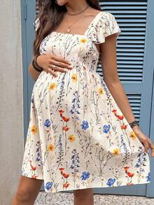 SHEIN Maternity Floral Print Square Neck Dress Summer Dresses Beach Outfits Vacation Outfits Work Outfits  Ruffle Dress Floral Dress - Multicolor - View 1