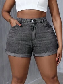 SHEIN SXY 大码简约日常牛仔短裤 - 灰色 - 查看 1