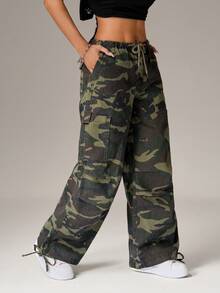 SHEIN PETITE Jeans con cordón y estampado de camuflaje para mujer - Azul - Ver 4