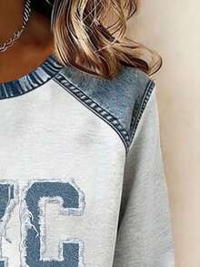 EMERY ROSE Women's Spring Casual Long Sleeve T-Shirt, Faux Denim Color, Minimalist Letter Print Pattern, Chic Style, Graphic Design, Elegant, Versatile, Daily Wear, Outdoor, Shopping, Travel - Multicolor - View 4