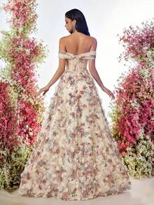 Glamrae Robe de soirée élégante à imprimé floral romantique multicolore en maille transparente avec épaules dénudées, coupe évasée et fente haute - Nude - Voir 2