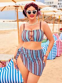 Swim Mod 2026 New Plus Size 3-Piece Swimwear Set For Women, Striped Print Hollow-Out Design With Mesh Skirt Gym Summer - Blue - View 4