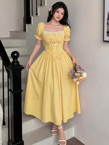 Glamine Charm Đầm maxi nữ thắt eo, tay phồng, phối ren hoa, họa tiết hoa. - Màu vàng - Xem 7