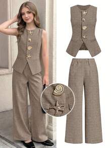 SHEIN Teen Girl Casual Sleeveless Shirt Set With Metal Buckle Decor - Coffee Brown - View 5