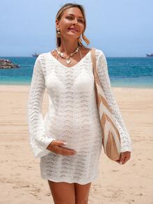 SHEIN 26SS 夏季沙滩度假钩针喇叭袖孕妇罩衫连衣裙 - 白色 - 查看 3