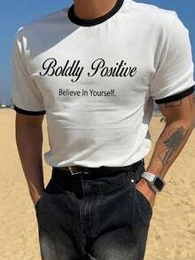 DAZY Camiseta de manga corta de ajuste delgado con estampado de letras para hombres, verano - Blanco - Ver 5