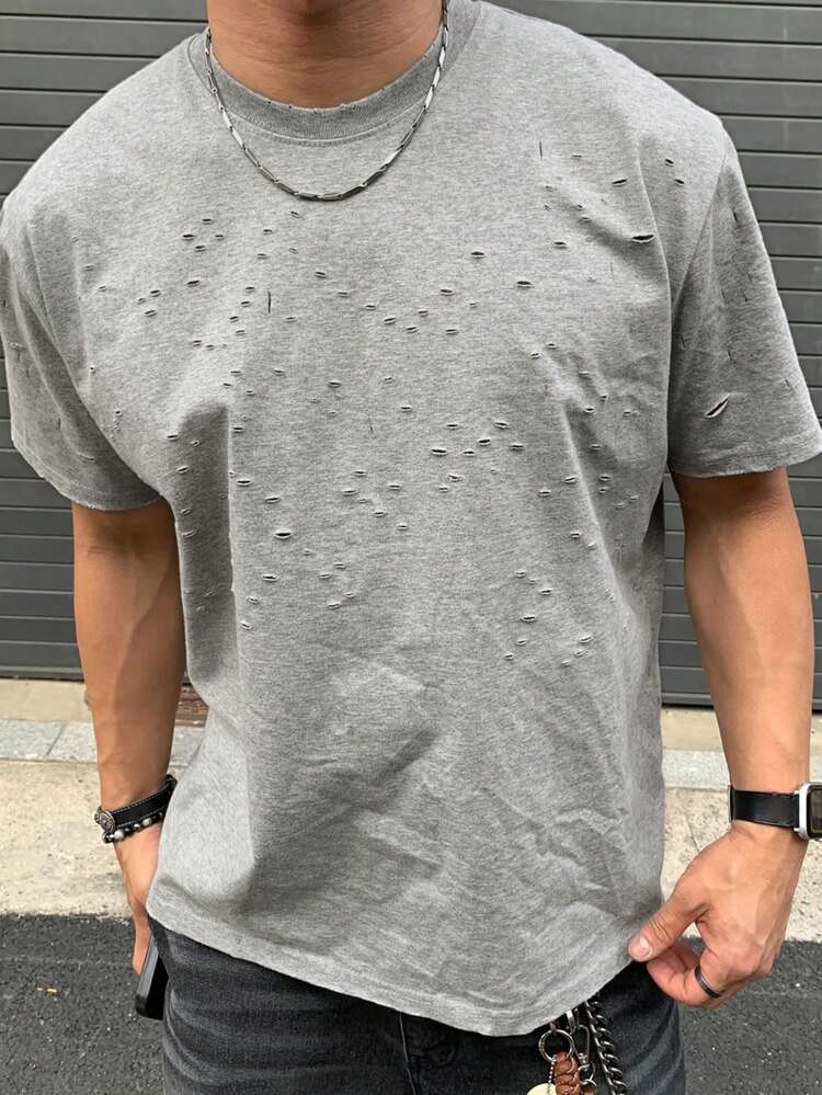 Men's Grey Distressed Design Street Style Short Sleeve T-Shirt, Summer
