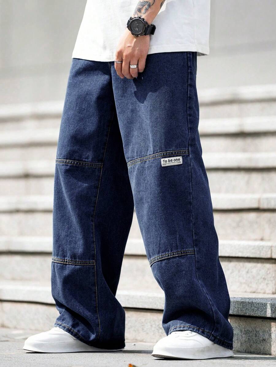 Claim Dot Men's Solid Color Minimalist Casual Jeans - Dark Wash - View 1