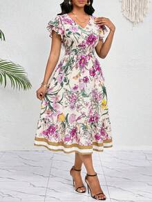 SHEIN Lady 女士优雅印花荷叶边下摆度假连衣裙，夏季 - 彩色 - 查看 3