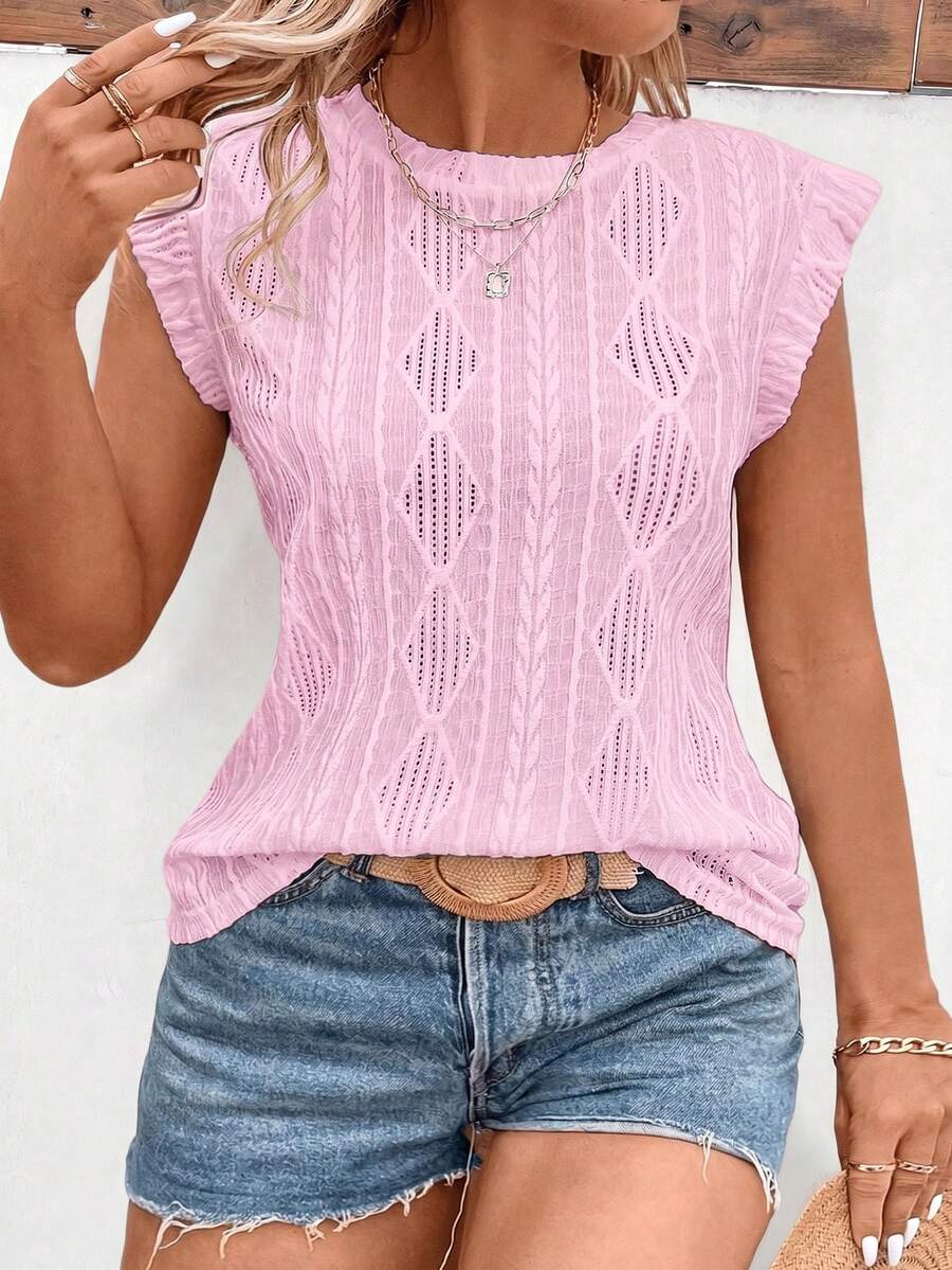 EMERY ROSE Women's Casual Retro Pink Round Neck Cap Sleeve Jacquard Textured Fabric Plus Size T-Shirt - Baby Pink - View 1