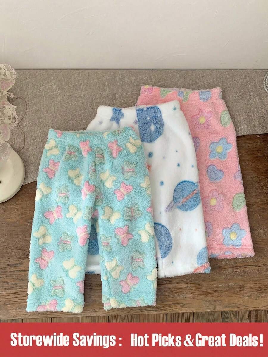 SHEIN 3件裝女嬰休閒可愛日常穿著保暖內裡加厚長褲,星星貓爪狗蝴蝶圖案,適合秋冬戶外穿著 - 彩色 - 查看 1