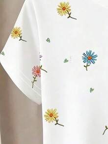 2件套女童可爱简约夏季韩版彩色雏菊印花圆领短袖T恤短裤套装，清新花卉休闲柔软舒适日常穿搭，度假乡村套装 - 白色 - 查看 4