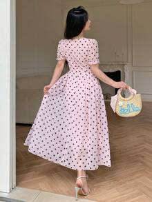 Modelyn 粉色波点收腰喇叭连衣裙，饰有3D立体花卉图案，女款 - 粉色 - 查看 2