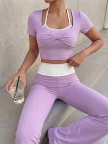 Aidyla Bộ đồ tập yoga nữ màu tím dệt kim tay ngắn dây mảnh và quần ống đứng, trang phục thường ngày thoải mái cho mùa xuân/hè. - Màu tím - Xem 7