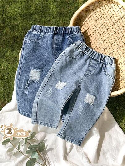 SHEIN Vintaside Kids 2件装男女宝宝时尚长款做旧牛仔裤，适合户外、运动、露营