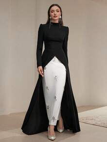 Modelyn 女士优雅撞色高开衩镶钻长款晚礼服 - 黑與白 - 查看 7