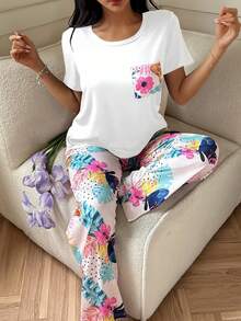 SHEIN 蝴蝶与花朵印花休闲女式睡衣套装 - 白色 - 查看 4