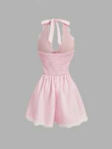 SHEIN MOD Bộ jumpsuit nữ màu trơn tối giản phối ren, cổ yếm, thích hợp mặc hàng ngày. - Hồng - Xem 2