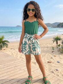 SHEIN Sparklyn Tween Girls' Romper, Vacation, Summer Cooling, Squishy - Green - View 5