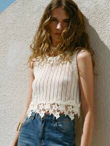 MAIJA Boho Striped Open Knit Lace Trim Sleeveless Vacation Tank Top - White - View 6