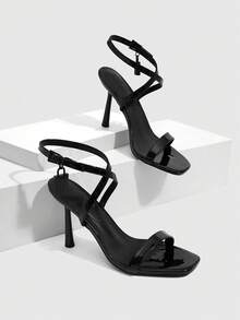 CUCCOO SZL Women's Square Toe Rhinestone Ankle Strap Sandals For Christmas - Black - View 1