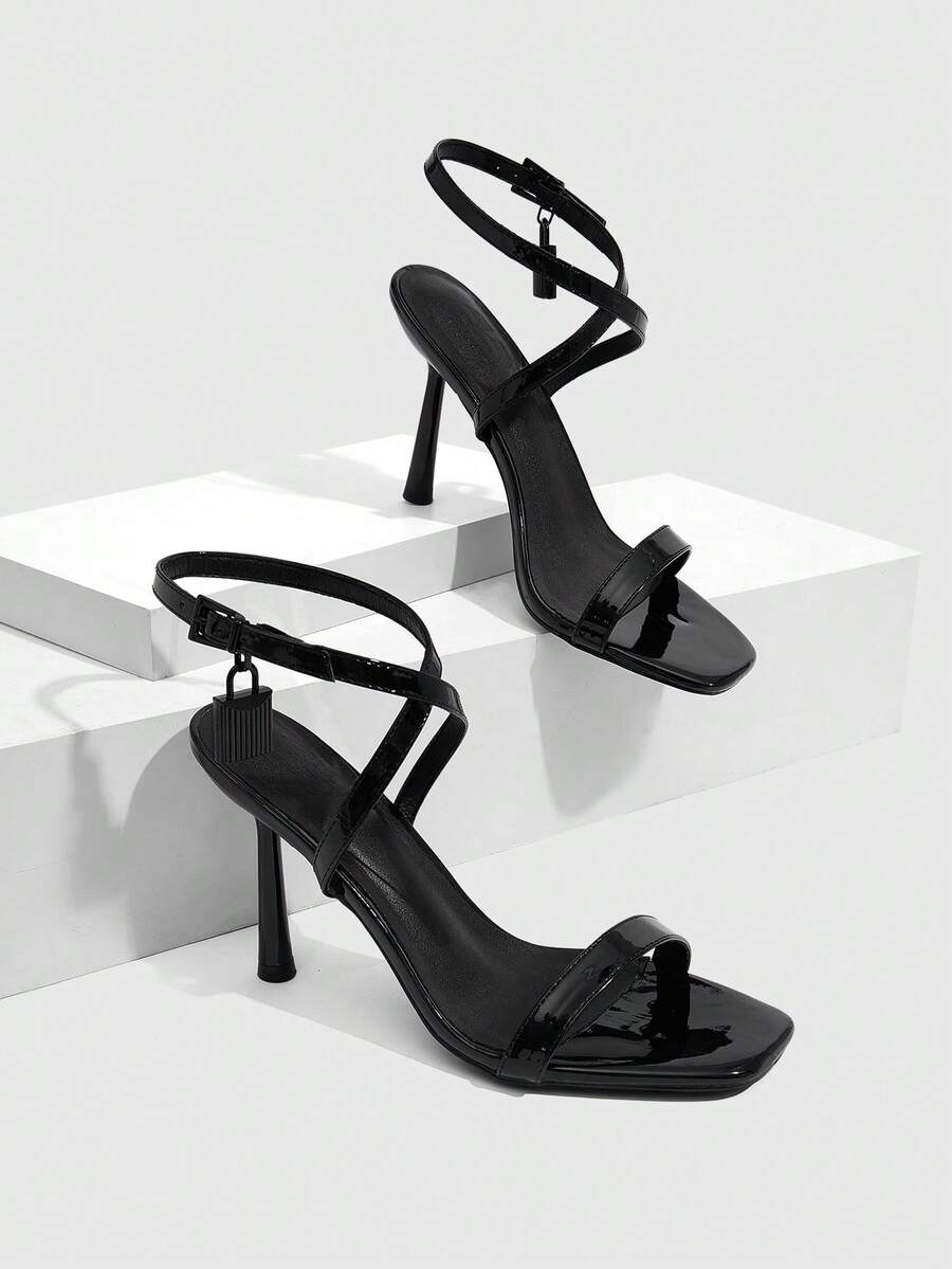 CUCCOO SZL Women's Square Toe Rhinestone Ankle Strap Sandals For Christmas - Black - View 1