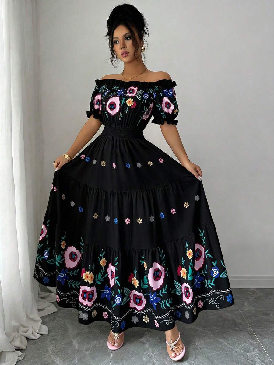 Modelyn Women's Off Shoulder Petal Sleeve Floral Print Waist Flared Romantic Elegant Casual Summer Dress - Black - View 1