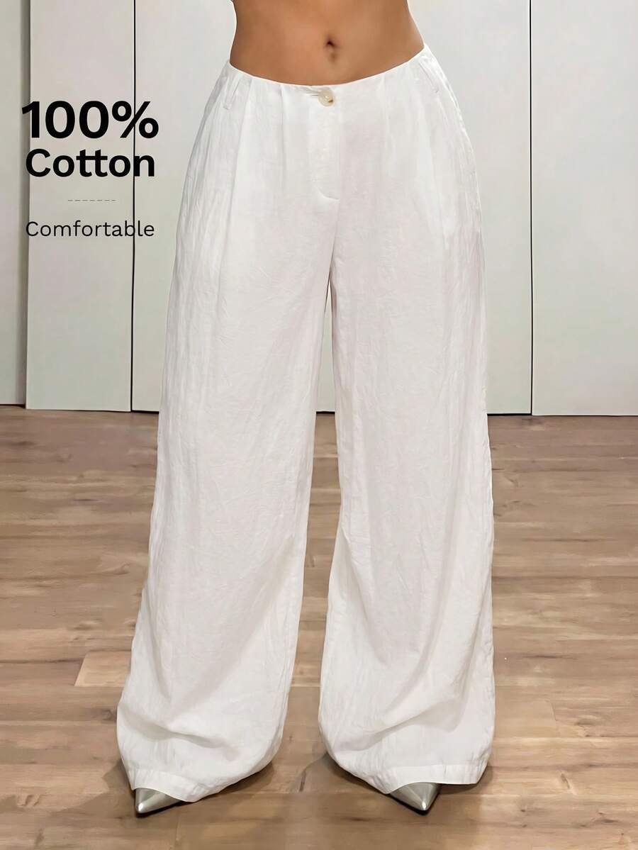 SHEIN ICON 超低腰复古宽松阔腿加长裤 - 白色 - 查看 1