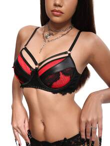 PU Leather & Contrast Lace Bra, Sexy Contrast Color Lingerie For Women - Multicolor - View 1