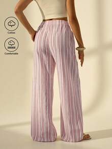 SHEIN Tall Women's Holiday Casual Striped Wide Leg Pants Pink Striped Pants, Tall Women - Multicolor - View 3