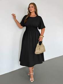Auralis Plus Size Solid Color Round Neck Casual Daily Short Sleeve Dress - Black - View 3