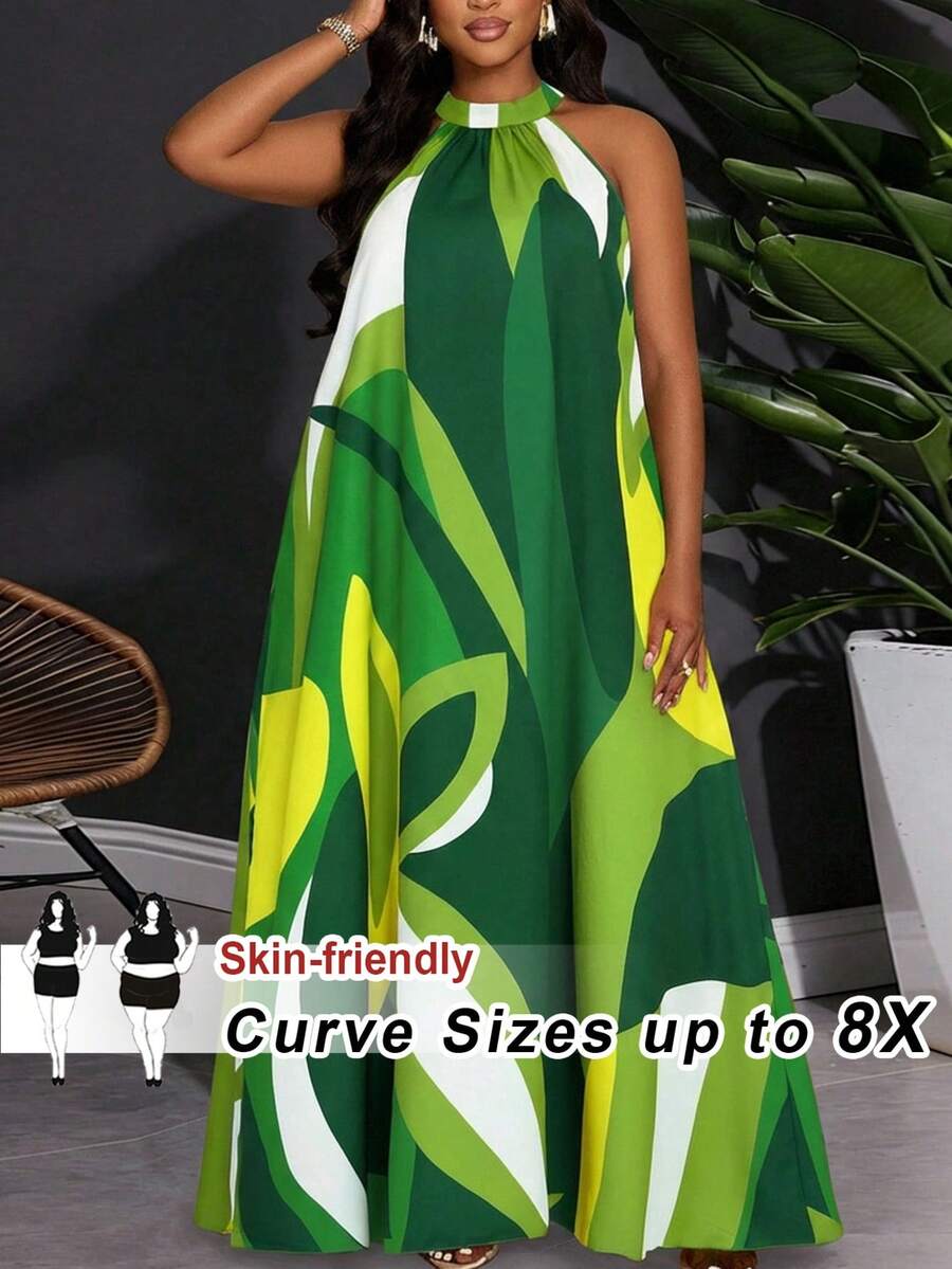 SHEIN CURVE+ 大码女式度假印花宽松连衣裙 - 綠色 - 查看 1