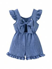 Elladie kids Mono informal de moda para niñas con manga de lazo, mono efecto denim para niñas jóvenes, mono versátil para niñas - Azul - Ver 2